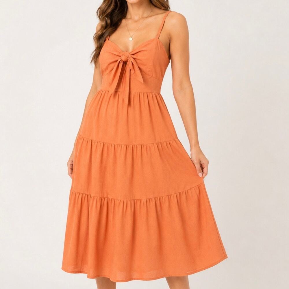 SIM AND SAM | Tie Front Tiered Midi Dress Peachy Orange Sundress Medium